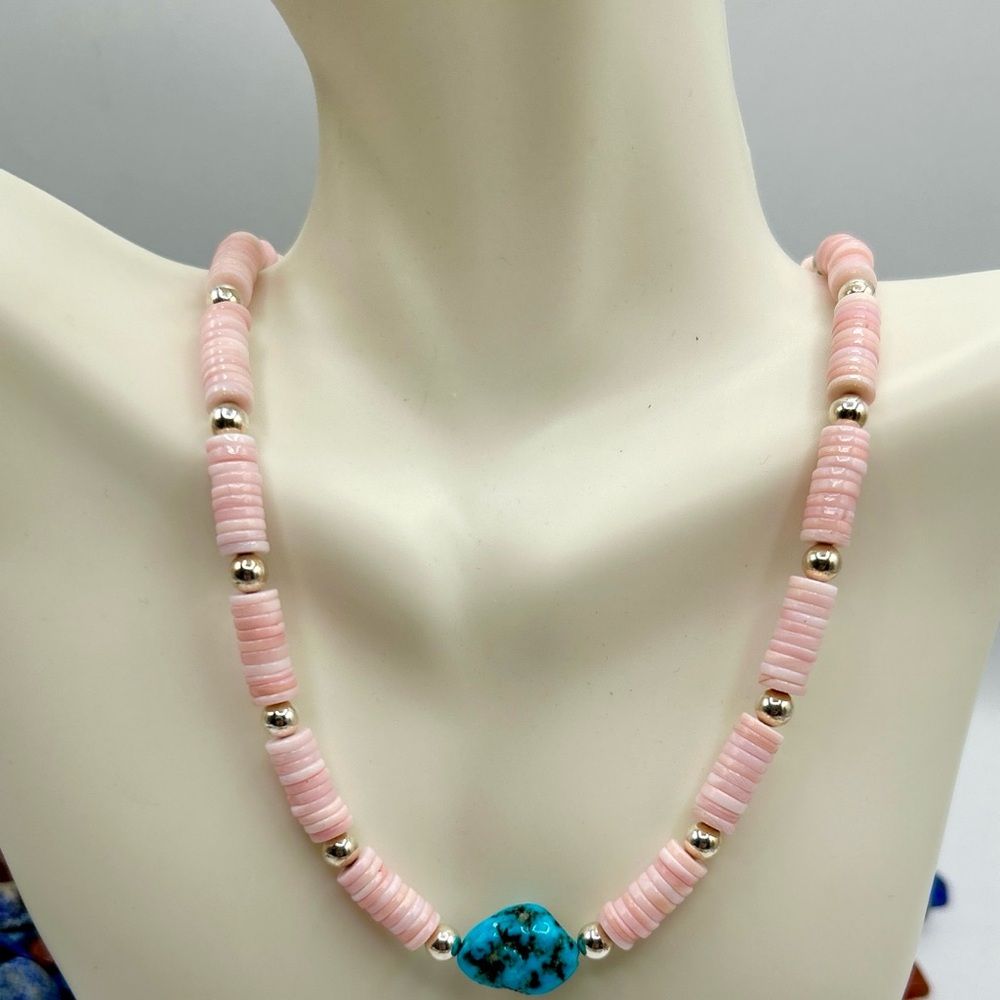 Pink Beaded Necklace with Turquoise Accent